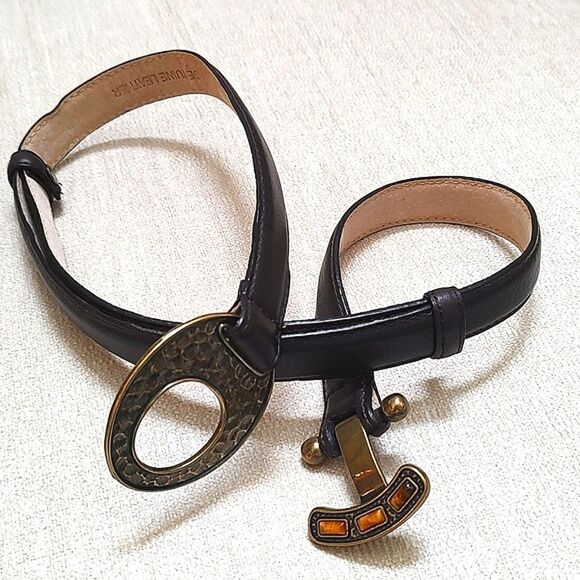 Dark Brown Leather Hammered Brass Toggle Buckle Adjustable Belt Size M/L - Picture 9 of 9
